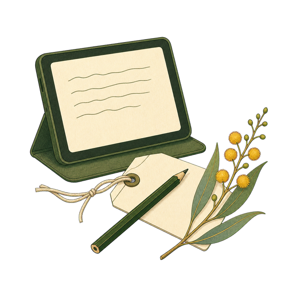 Tablet and field tag with wattle sprig and pencil