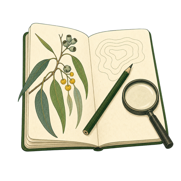 Open field notebook with eucalyptus, pencil, and hand lens